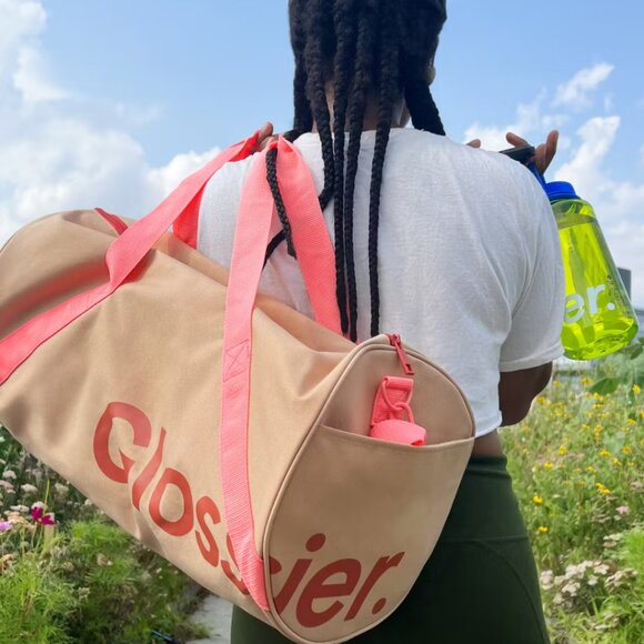 Glossier Duffle Bag Medium 20"x10"x10" Brown Pink Desert Rose Zip Strap Canvas - Picture 1 of 6